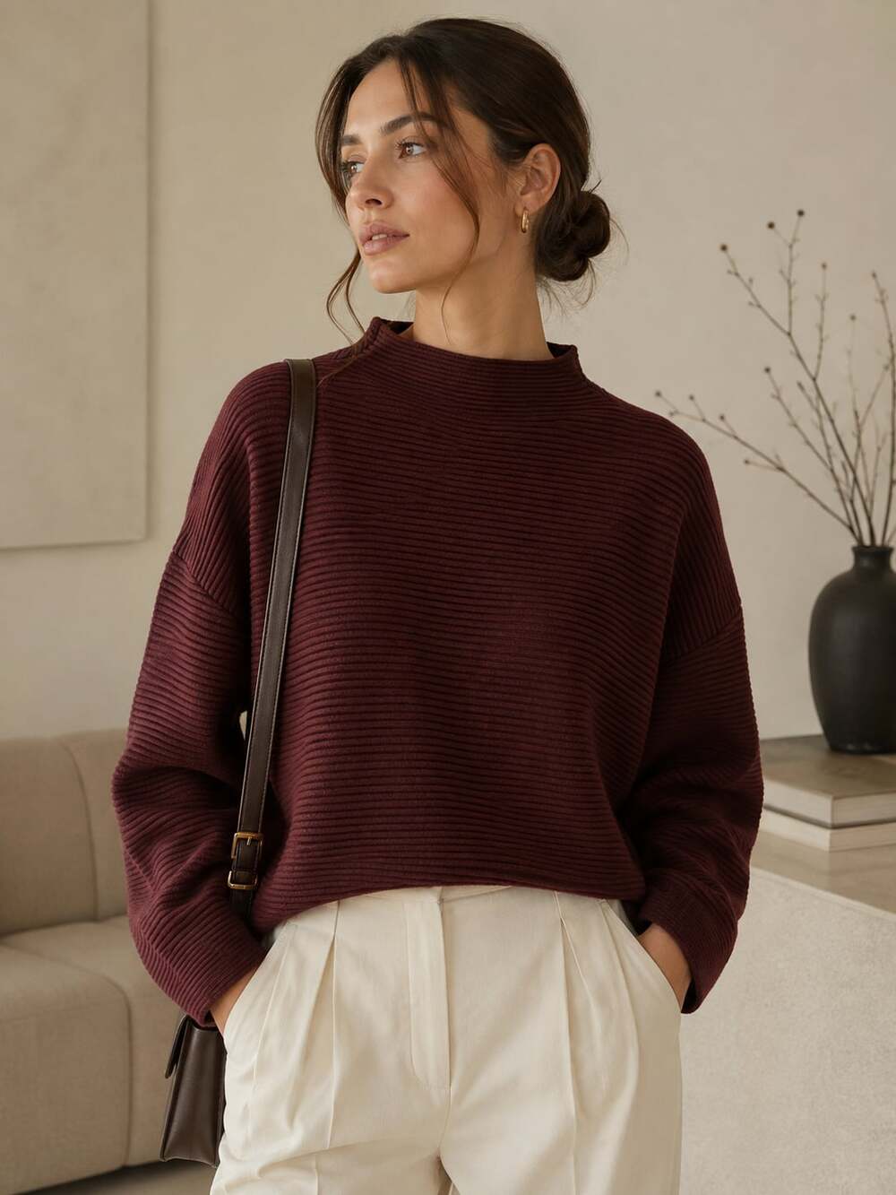Modern Citizen Ribbed Mock Neck Pullover Sweater Burgundy Oversized Medium